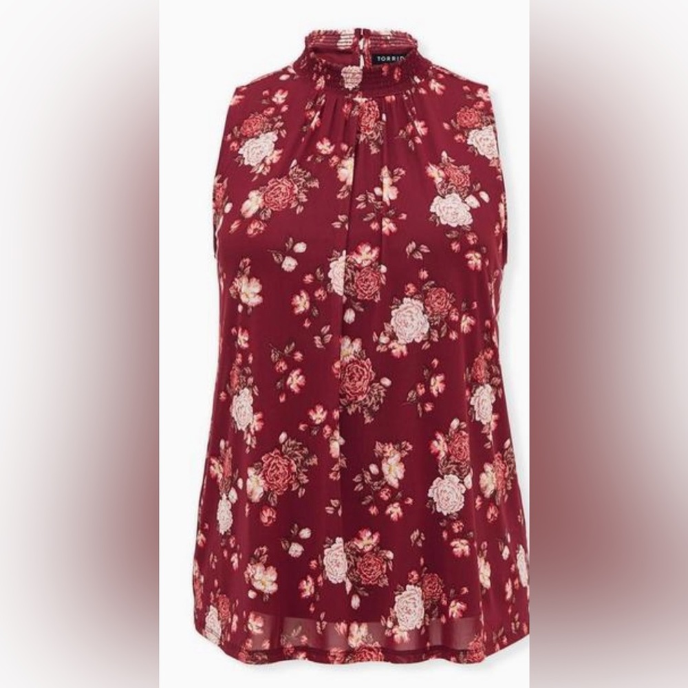 NWT TORRID Dark Red Floral Mesh Smocked Mock Neck Tank~3